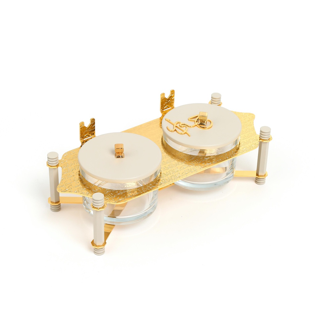 طقم تقديم مكسرات قطعتين مع صينية من جوار - بيج و ذهبي