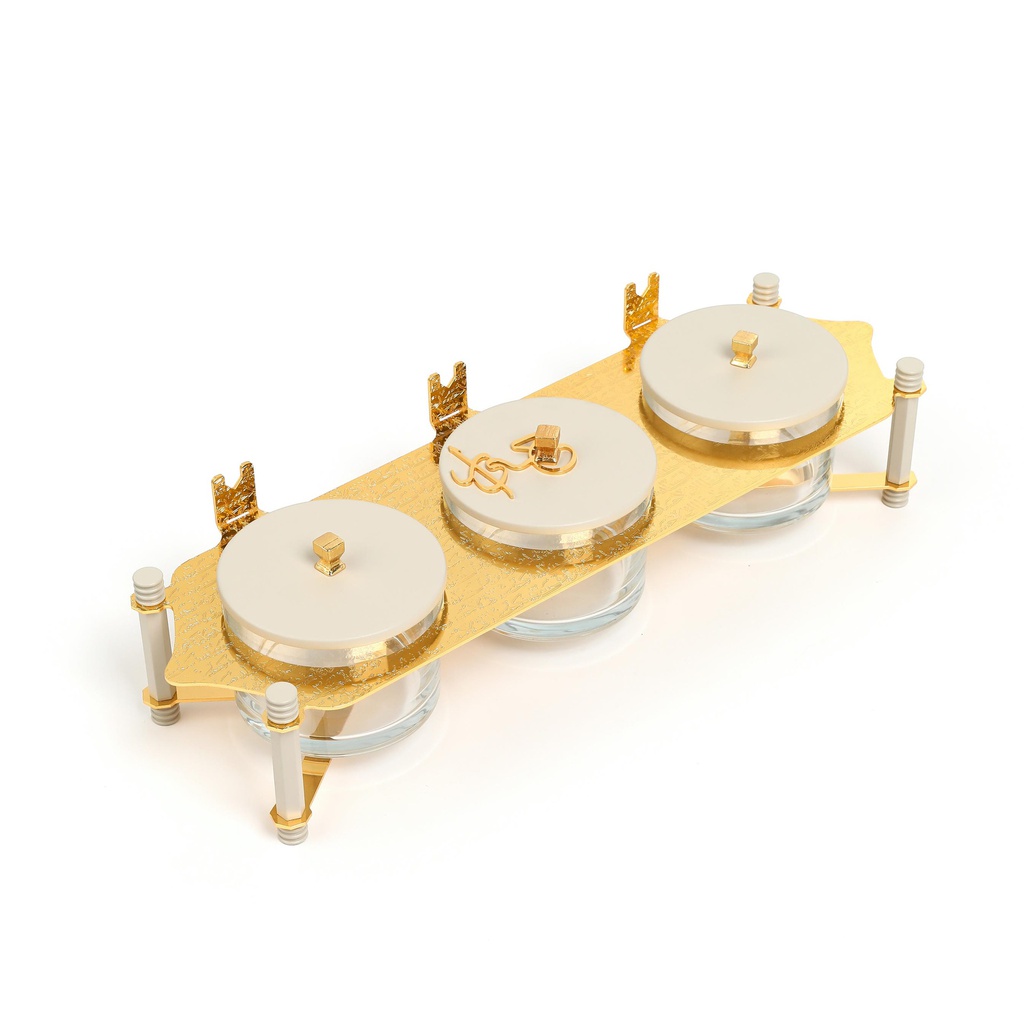Nuts Serving Set 3 Bowl With Tray From Jiwar - Beige + Gold 