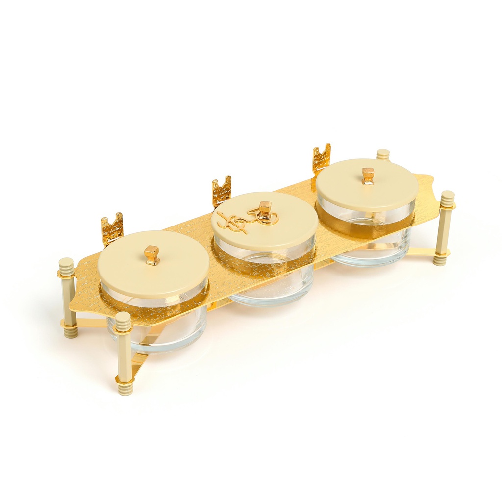 Nuts Serving Set 3 Bowl With Tray From Jiwar -  Ivory + Gold 