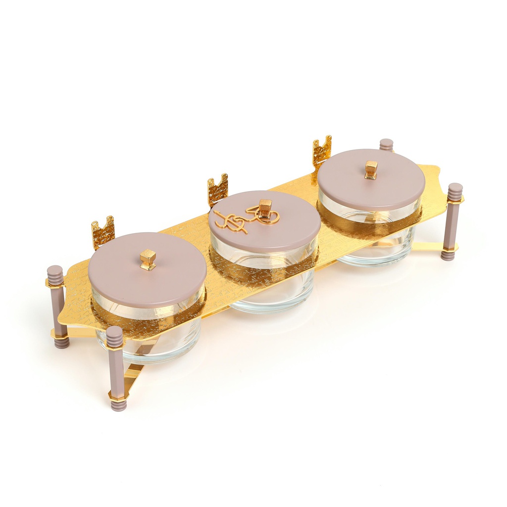 طقم تقديم مكسرات 3 قطع مع صينية من جوار - نهدي و ذهبي 