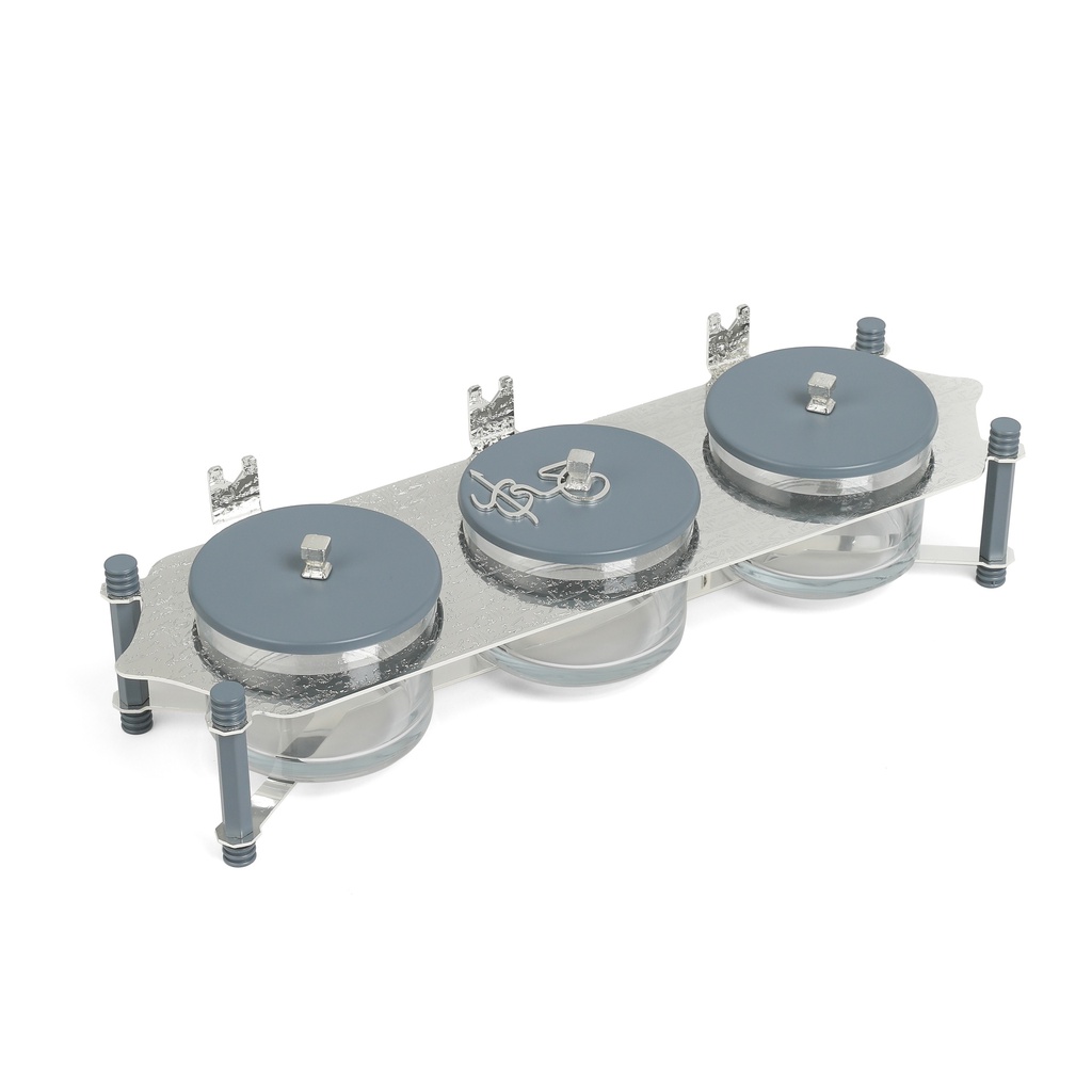 طقم تقديم مكسرات 3 قطع مع صينية من جوار - أزرق و فضي 